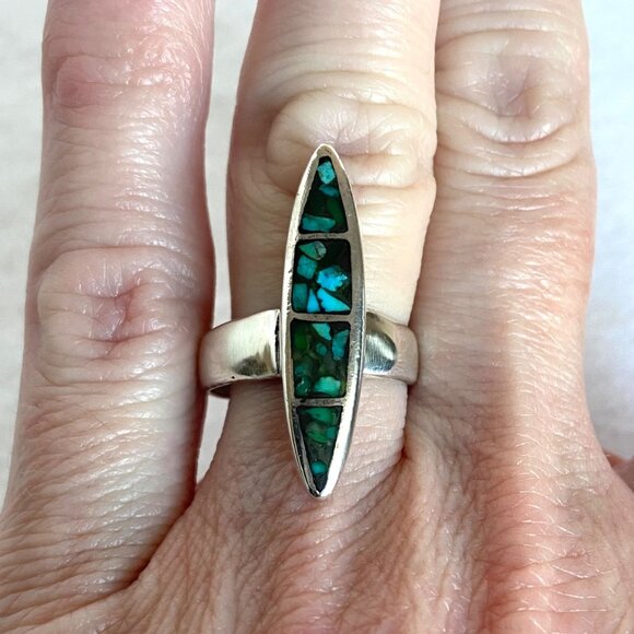 Sterling Silver 925 Southwest Style Elongated Turquoise Chip Inlay Ring Sz 5.5 - Picture 6 of 16
